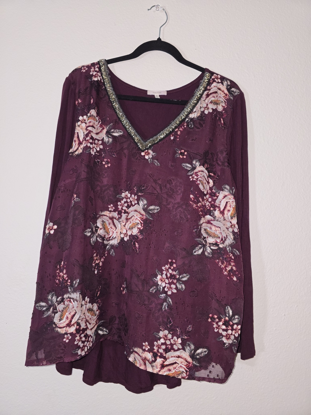 Maurices Plum Floral V-Neck Beaded Tunic